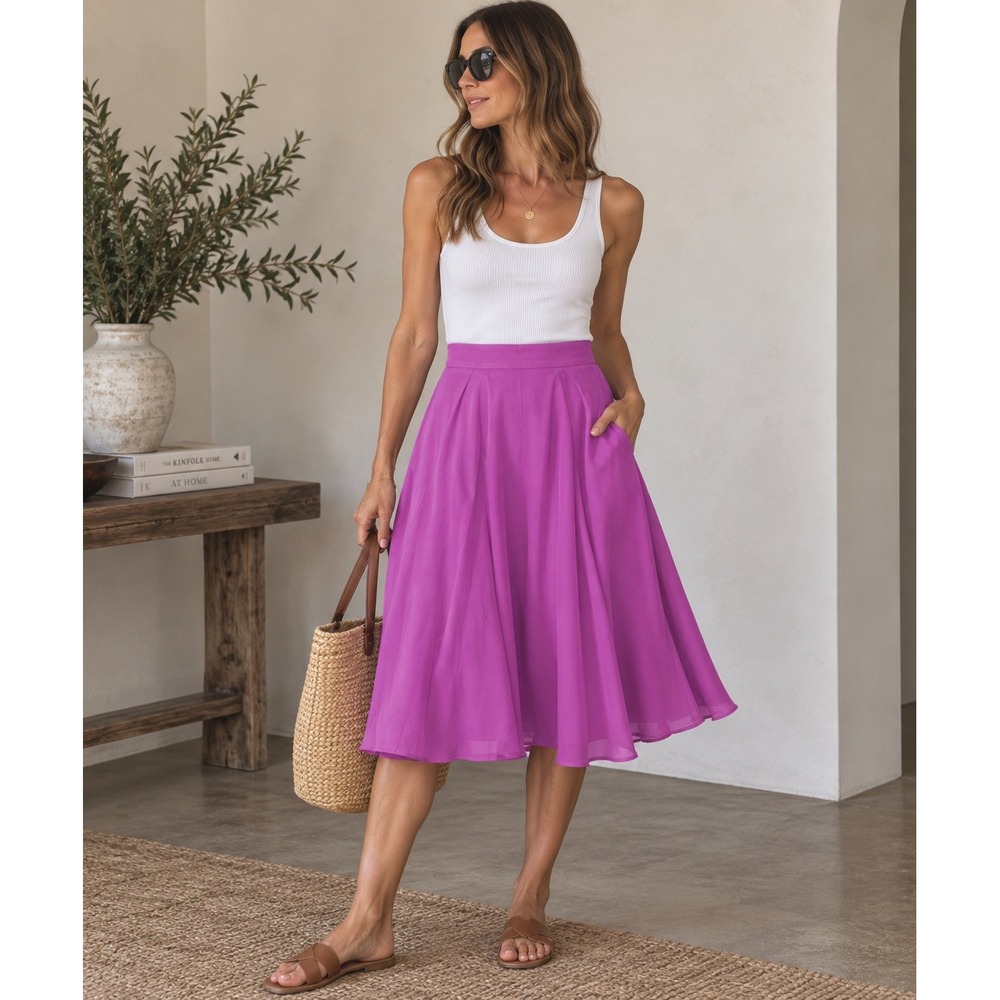 J.Crew Liquid Silk Midi Skirt Size 2 Magenta A-Line Flared Purple Luxe Dopamine